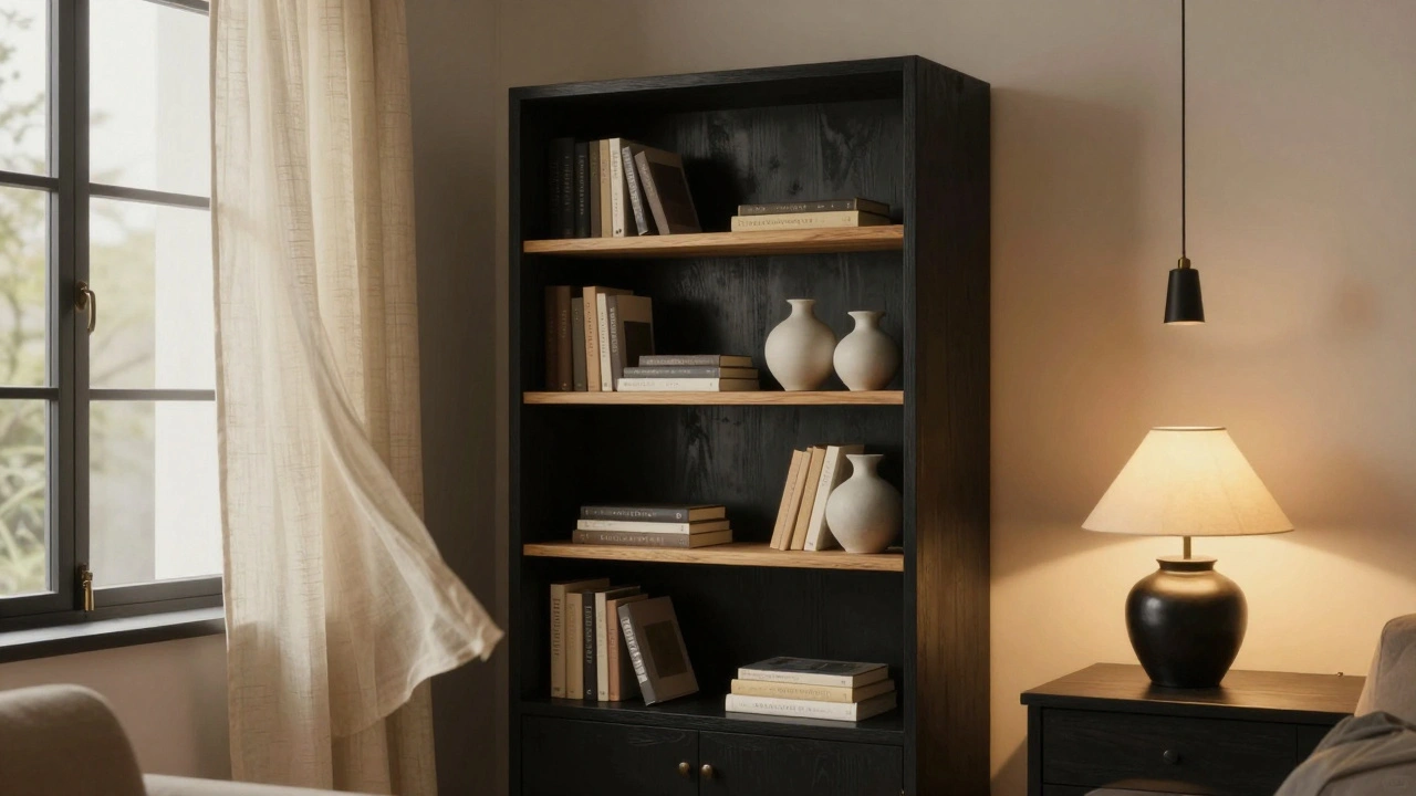 Schwarzer Bücherregal mit hellem Holz und warmem Licht in einem gemütlichen Raum.