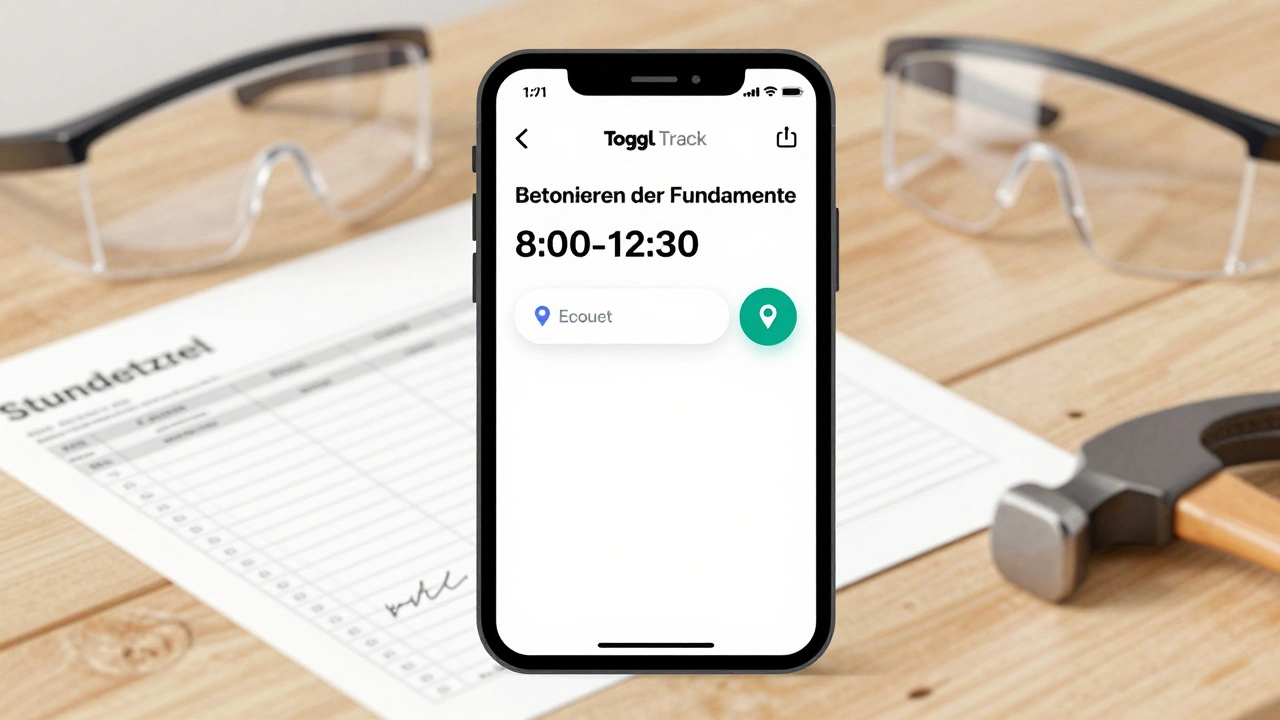 Smartphone zeigt digitale Arbeitszeit-App mit abgeschlossener Tätigkeit und Unterschrift.