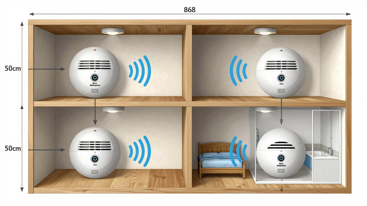 Technische Darstellung drahtloser Funkverbindungen zwischen Rauchmeldern in einem zweistöckigen Haus mit DIN-Kennzeichnung und korrekter Montage.