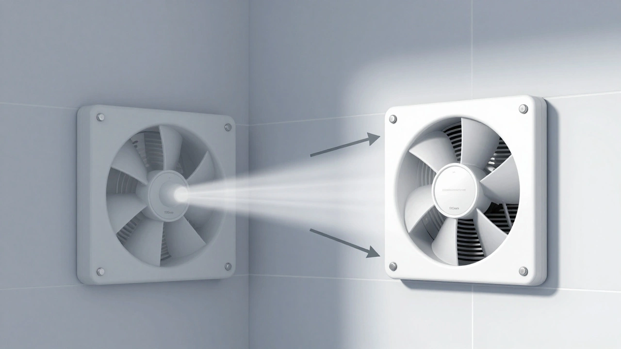 Technische Darstellung eines Badlüfters mit Feuchtesensor und Rückschlagklappe im Wandquerschnitt.