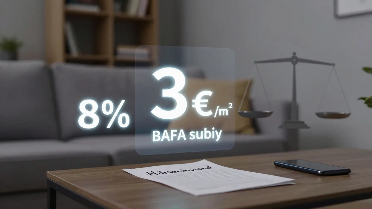 Transparente Mietsteigerungsrechnung schwebt über einem Wohnzimmer mit Härteeinwand-Brief.