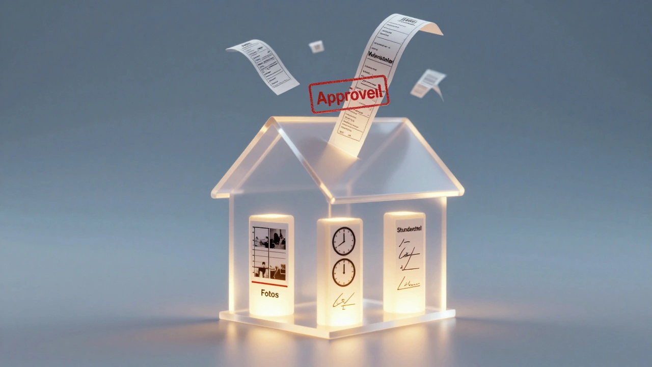 Transparentes Haus mit drei Dokumentations-Säulen aus Fotos, Stunden und Belegen.