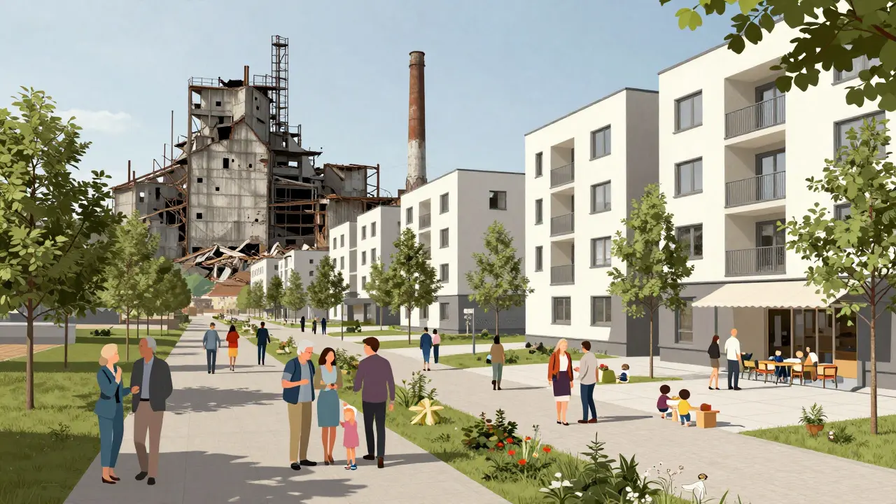 Umwandlung eines brachliegenden Industriegeländes in ein lebendiges, gemischt genutztes Quartier mit Wohnen, Pflege und Café.