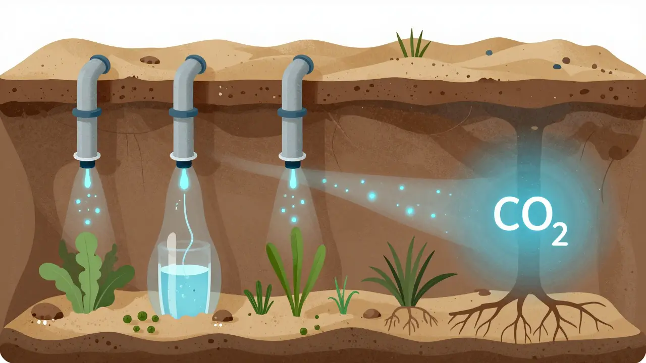 Unterirdische biologische Sanierung: Mikroben zersetzen Öl im Boden unter Sauerstoffzufuhr und Pflanzenölen.