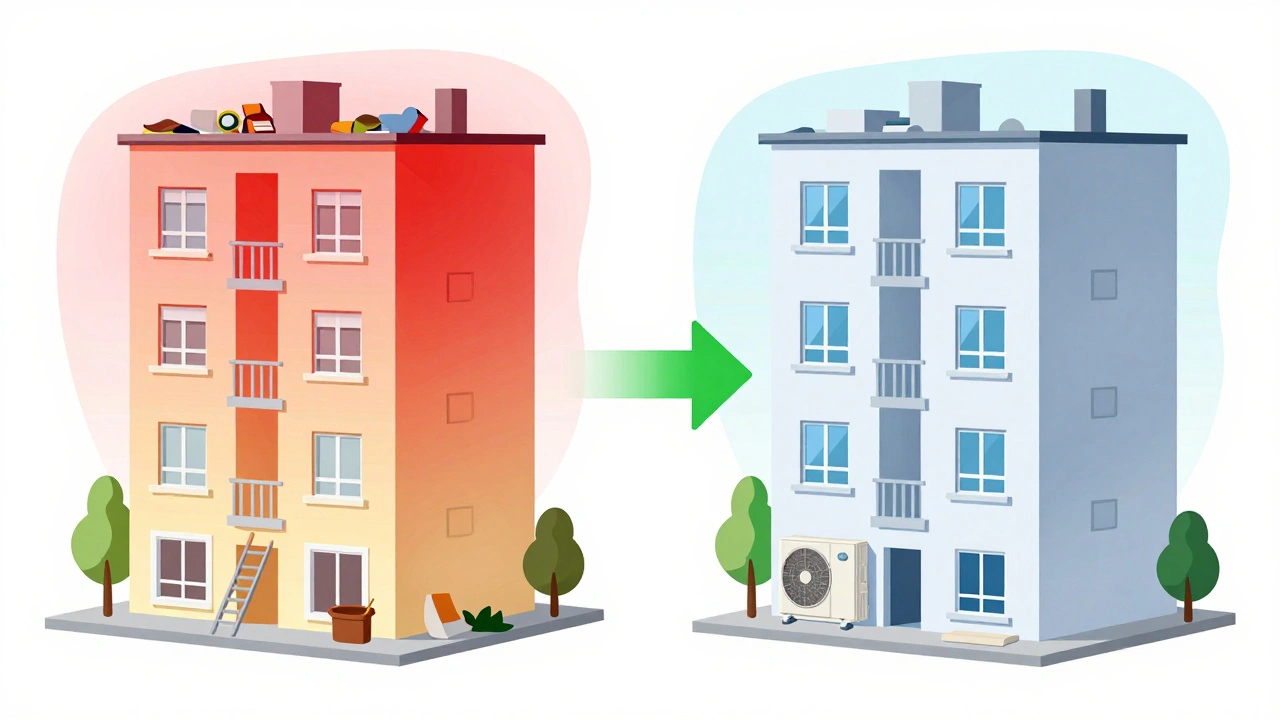 Vergleich von ineffizientem und saniertem Wohngebäude mit Energieeinsparungen.