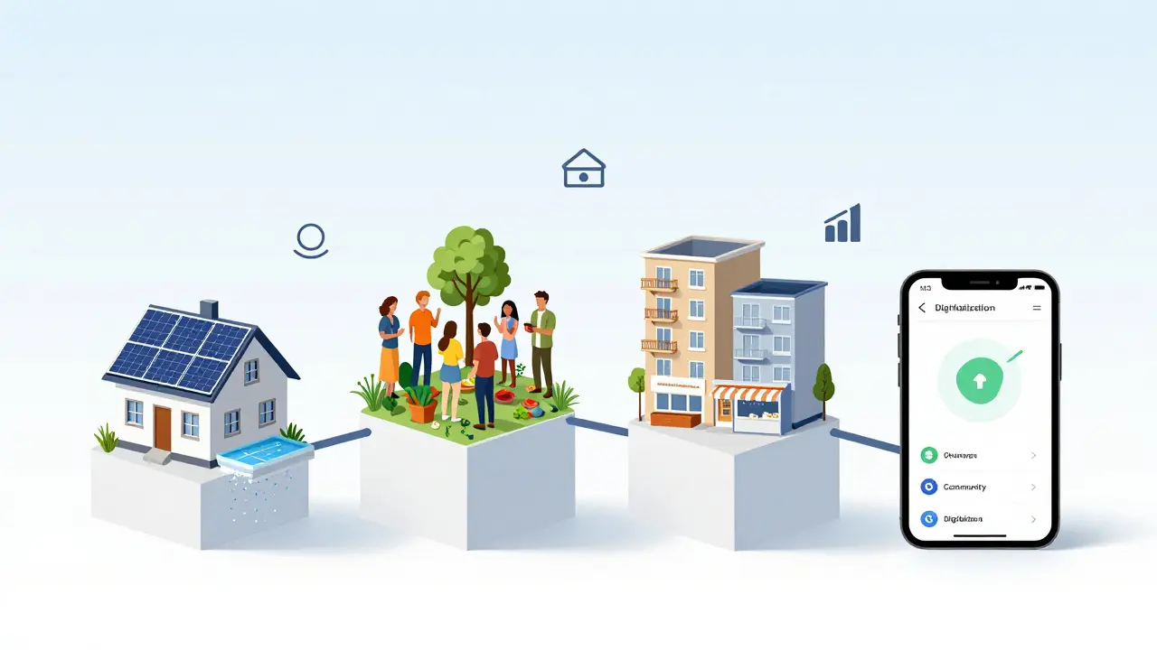 Vier Säulen nachhaltiger Quartiersentwicklung: Energie, Soziales, Nutzungsmischung und Digitalisierung als verbundene Elemente.