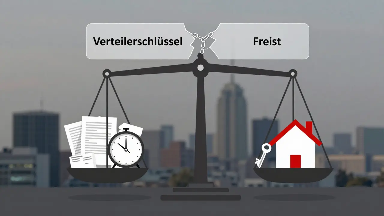Waage mit rechtlichen Dokumenten und Uhr gegen Schlüssel und Haus – Symbol für gerechte Verteilung und Fristen.