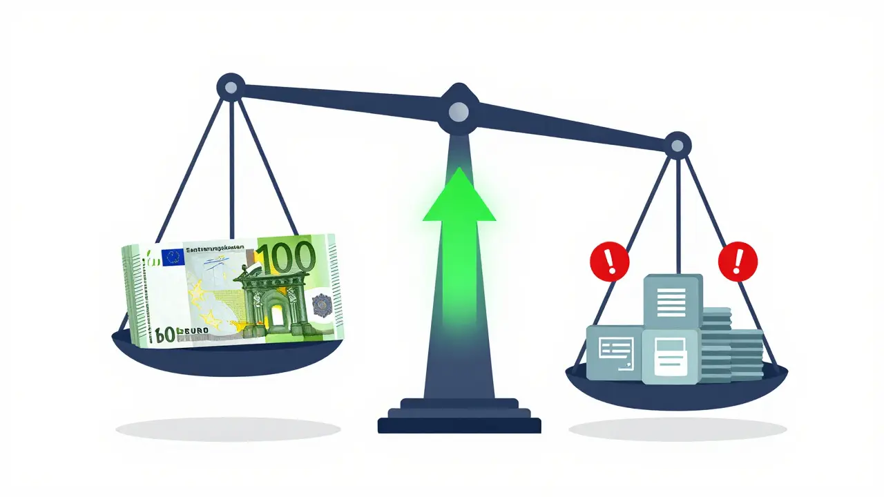 Waage mit Sanierungskosten und Nebenkosten, Förderung hebt die eine Seite an.