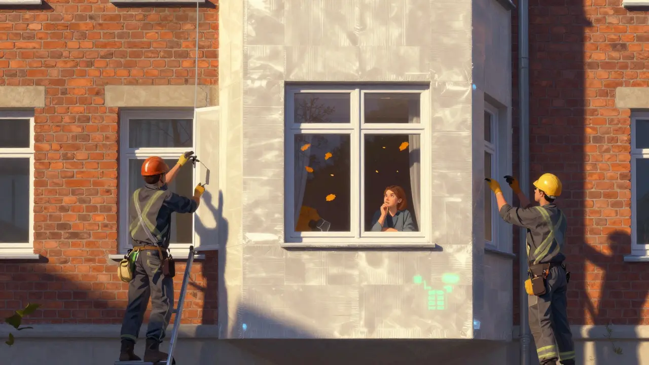 Wohnhaus mit neuen Fenstern und Dämmung, Mieter beobachtet von innen.