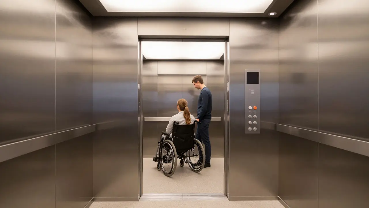 Barrierefreier Aufzug mit ausreichend Platz für einen Rollstuhl und eine Begleitperson.