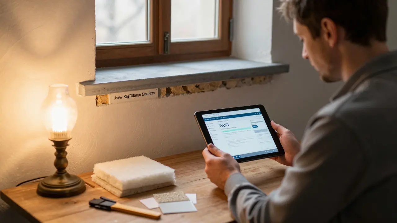 Bausachverständiger mit WUFI-Tablet neben einer denkmalgeschützten Wand mit RigiTherm-System.