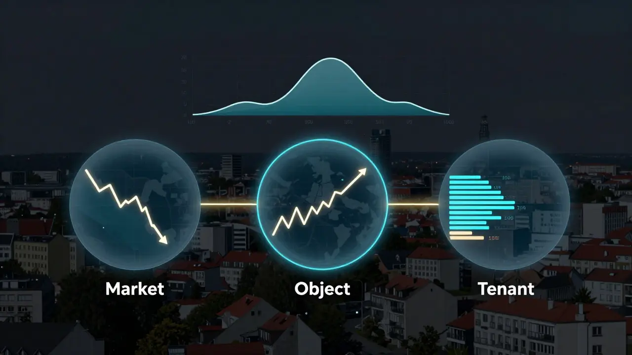 Digital dashboard displaying interconnected real estate risks: market, object, and tenant data.