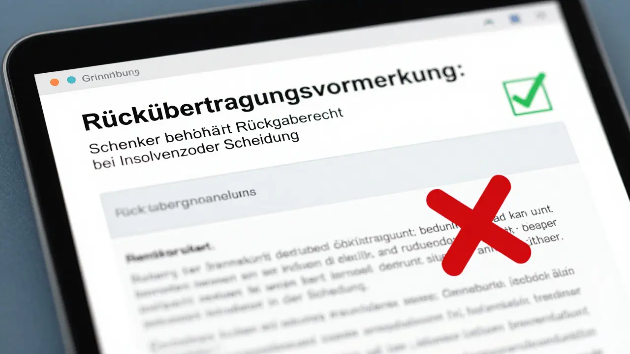 Digitales Grundbuch zeigt eine gültige Rückübertragungsvormerkung neben einem ungültigen handschriftlichen Vertrag.