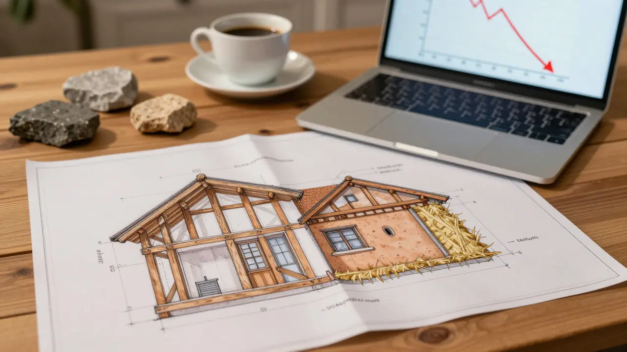 Ein Architekturplan auf Holztisch mit Skizzen von nachhaltigen Baustoffen und einem sinkenden CO₂-Graphen.
