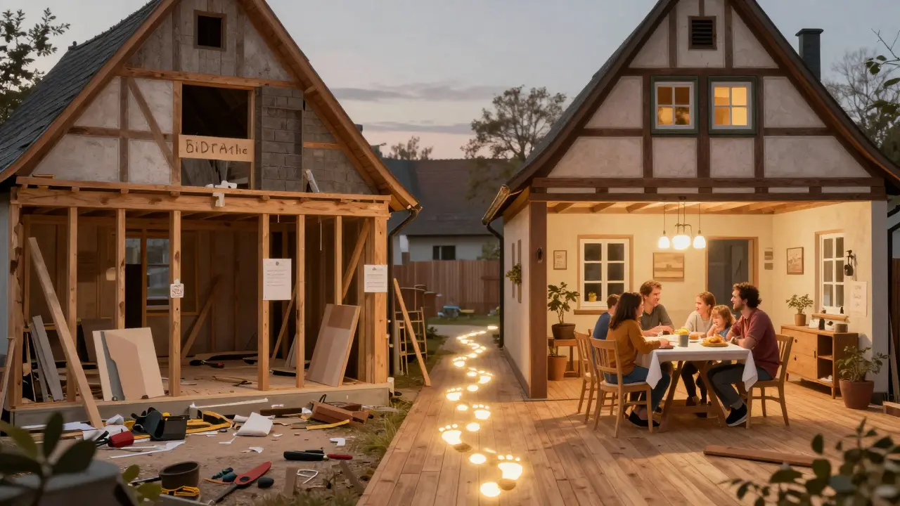 Ein halb renoviertes Bauernhaus: linke Seite Baustelle, rechte Seite gemütliches Wohnzimmer, verbunden durch Fußabdrücke als Symbol für Arbeit und Gemeinschaft.