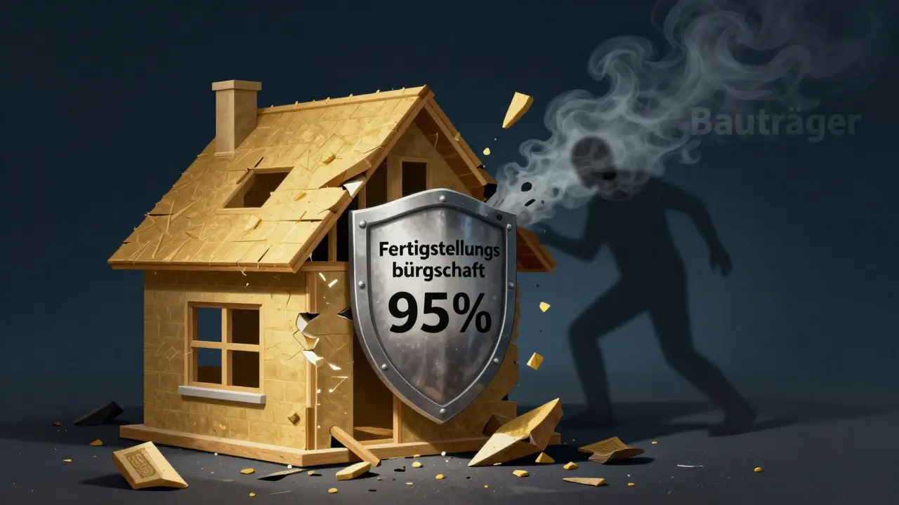 Ein Haus wird halb gebaut, während die andere Hälfte in finanzieller Unsicherheit zerfällt, geschützt durch eine Bürgschaft.