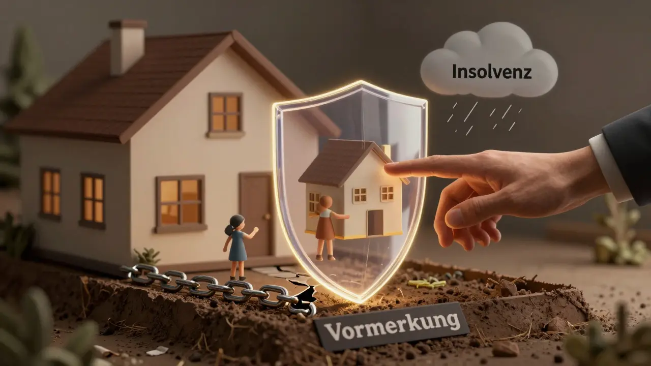 Ein Haus wird von einer unsichtbaren Schutzscheibe vor Insolvenz und Scheidung bewahrt.