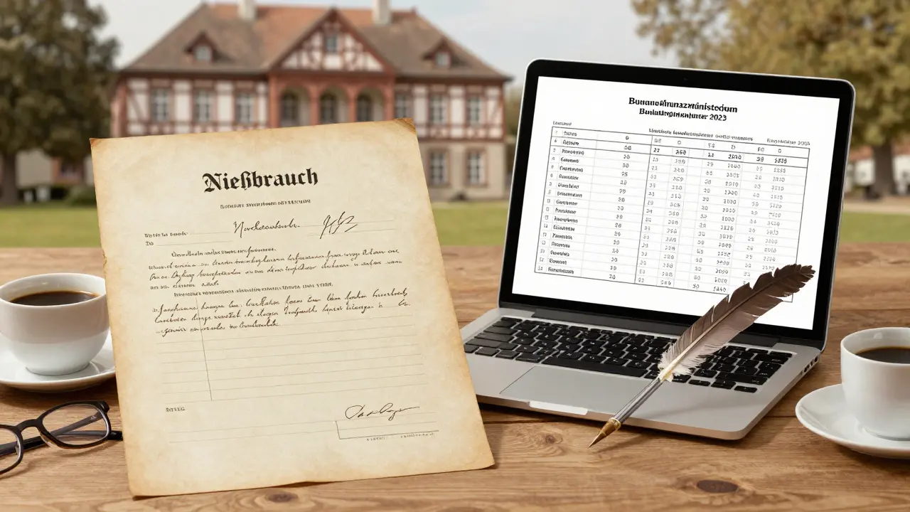 Ein historisches Grundbucheintragungsblatt neben einem modernen Rechner mit amtlicher Werttabelle.