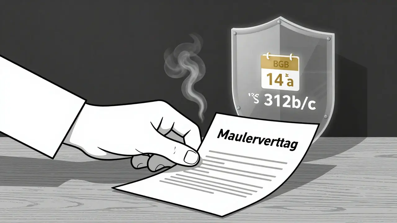 Ein Vertrag wird zerrissen, während ein Schutzschild mit BGB-Paragraphen schimmert.