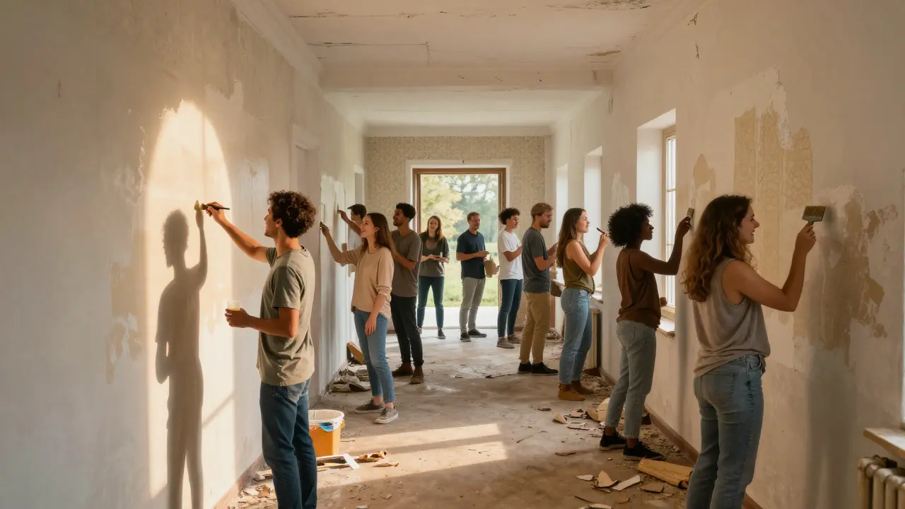 Eine Gruppe von Freunden und Nachbarn hilft gemeinsam, einen Flur in einem renovierten Haus zu streichen.