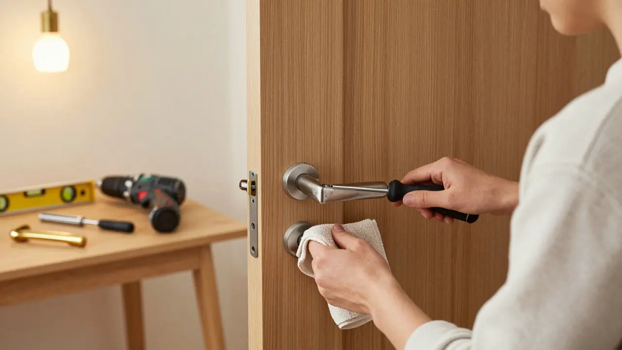 Eine Person wechselt einen Türgriff mit einem Kreuzschlitzschraubendreher.