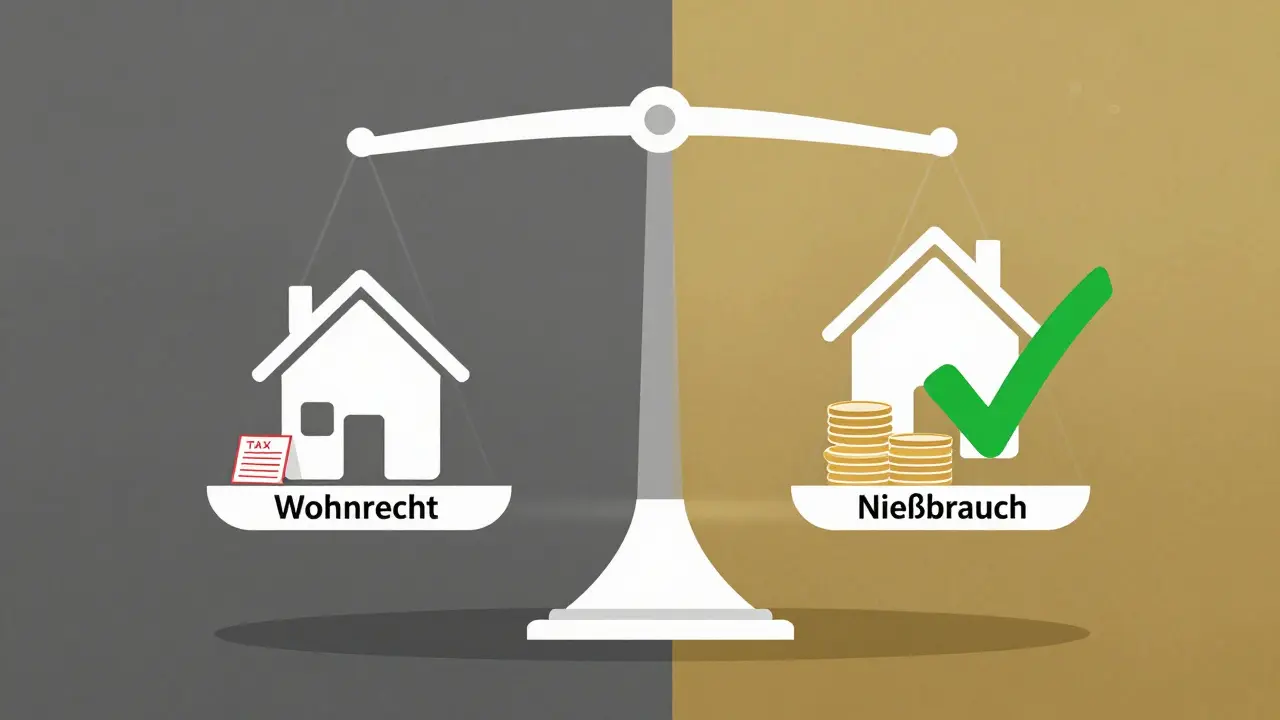 Eine Waage vergleicht Wohnrecht mit hohen Steuern und Nießbrauch mit Steuereinsparungen.