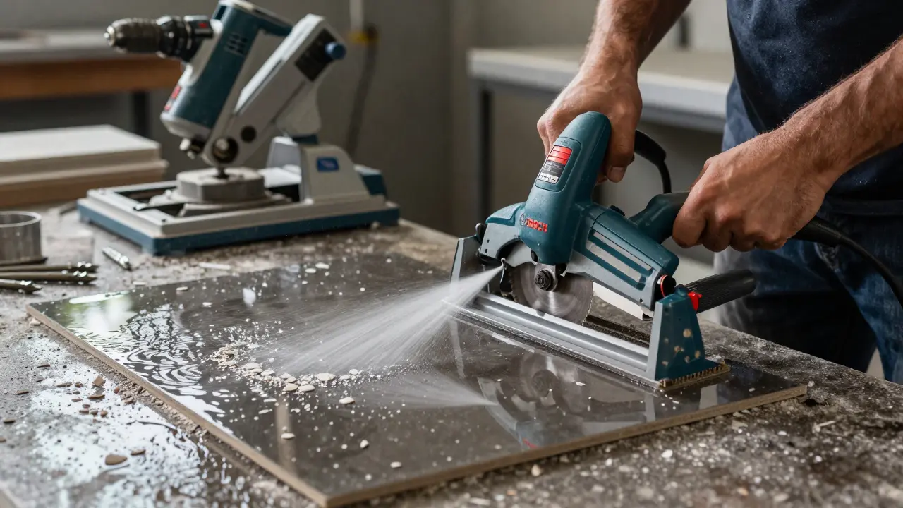 Elektrischer Nassschneider schneidet Feinsteinzeug unter Wasser, Werkzeuge auf der Werkbank.