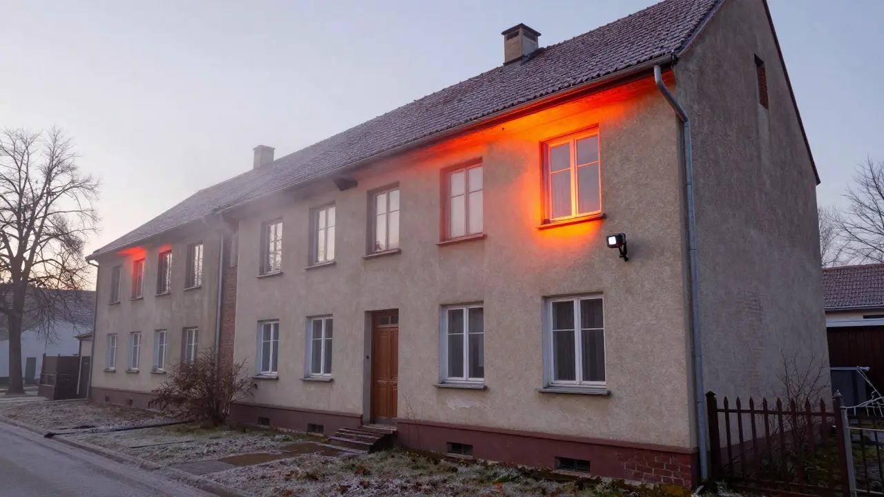 Fassade eines Hauses bei kaltem Morgen, Wärmeverluste als farbige Bereiche auf der Außenwand.