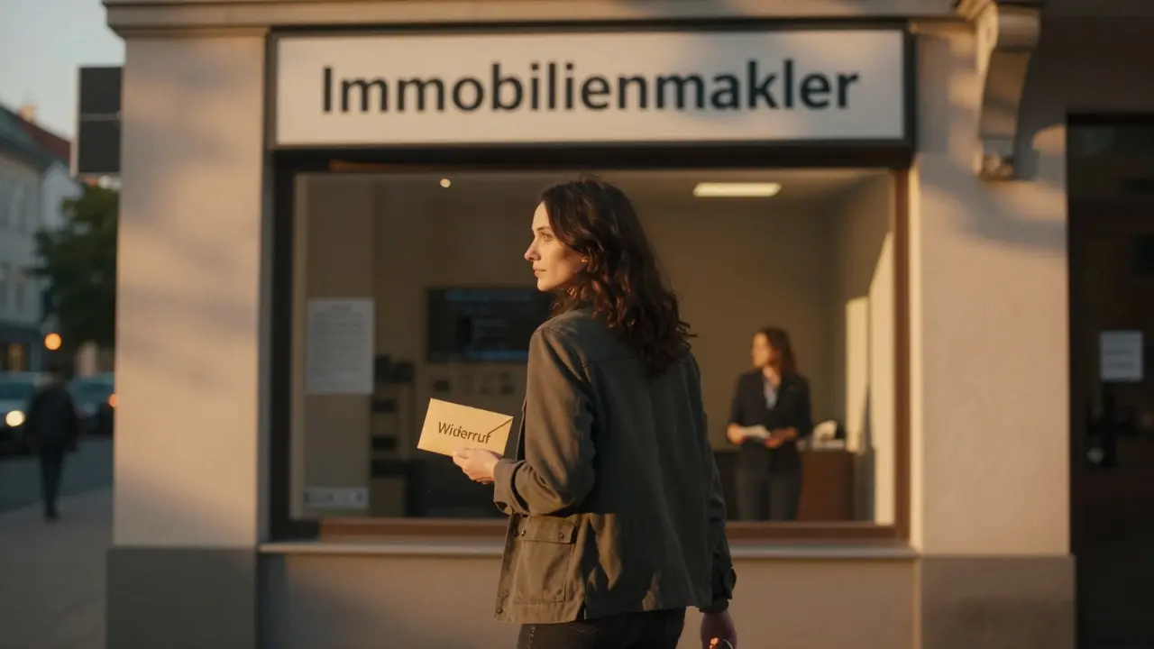 Frau verlässt eine Immobilienagentur mit einem Widerrufsbrief, Abendlicht wirft lange Schatten.