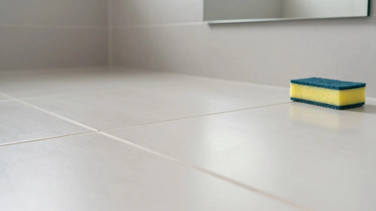 Frisch verlegte Fliesen mit nahtloser Epoxid-Fuge, Schwamm und Gummiwischer daneben.