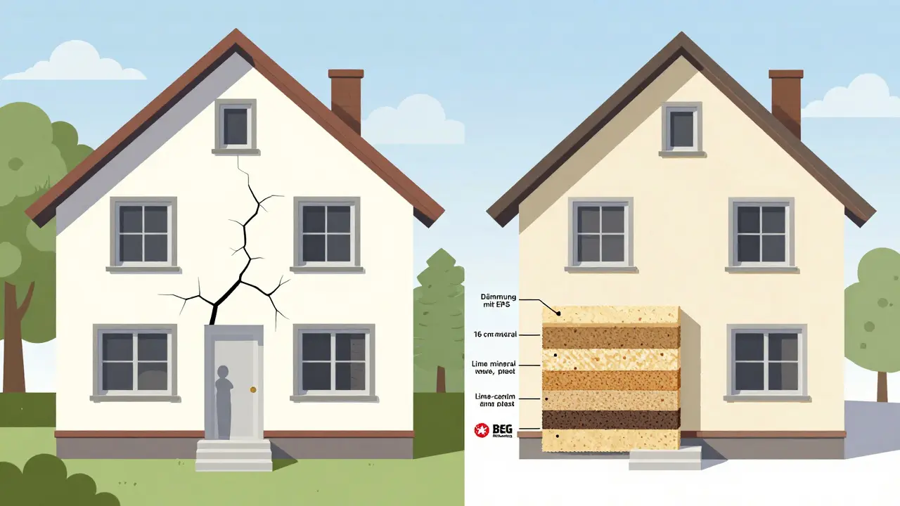 Gegensatz: unklare Dämmung mit EPS links vs. präzise mineralische Wollplatte mit Förderhinweis rechts an einem Haus.