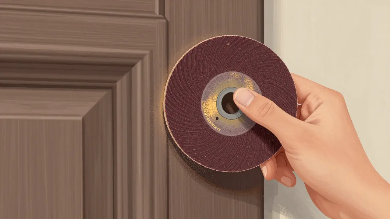 Hand mit flexiblem Schleifmittel, das in eine profilierte Türleiste gedrückt wird.