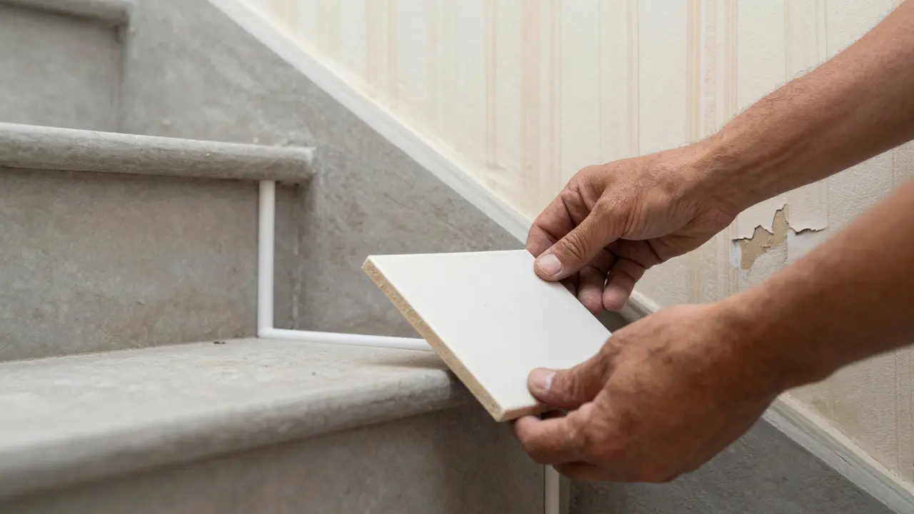 Hände legen eine weiße Keramikfliese auf eine Treppenstufe mit silbernen Silikonfugen, alte Tapete im Hintergrund.