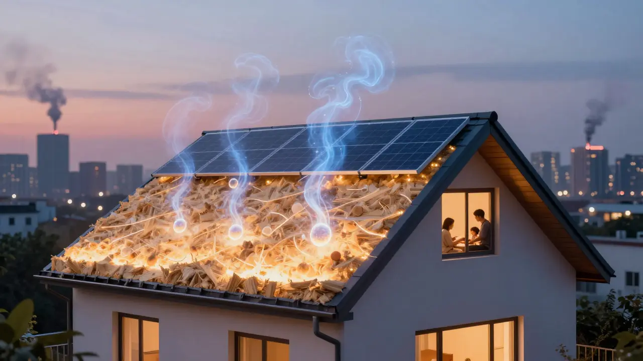 Haus mit leuchtendem Dach, das Wärme speichert und Solarstrom erzeugt, Familie im Wohnbereich.