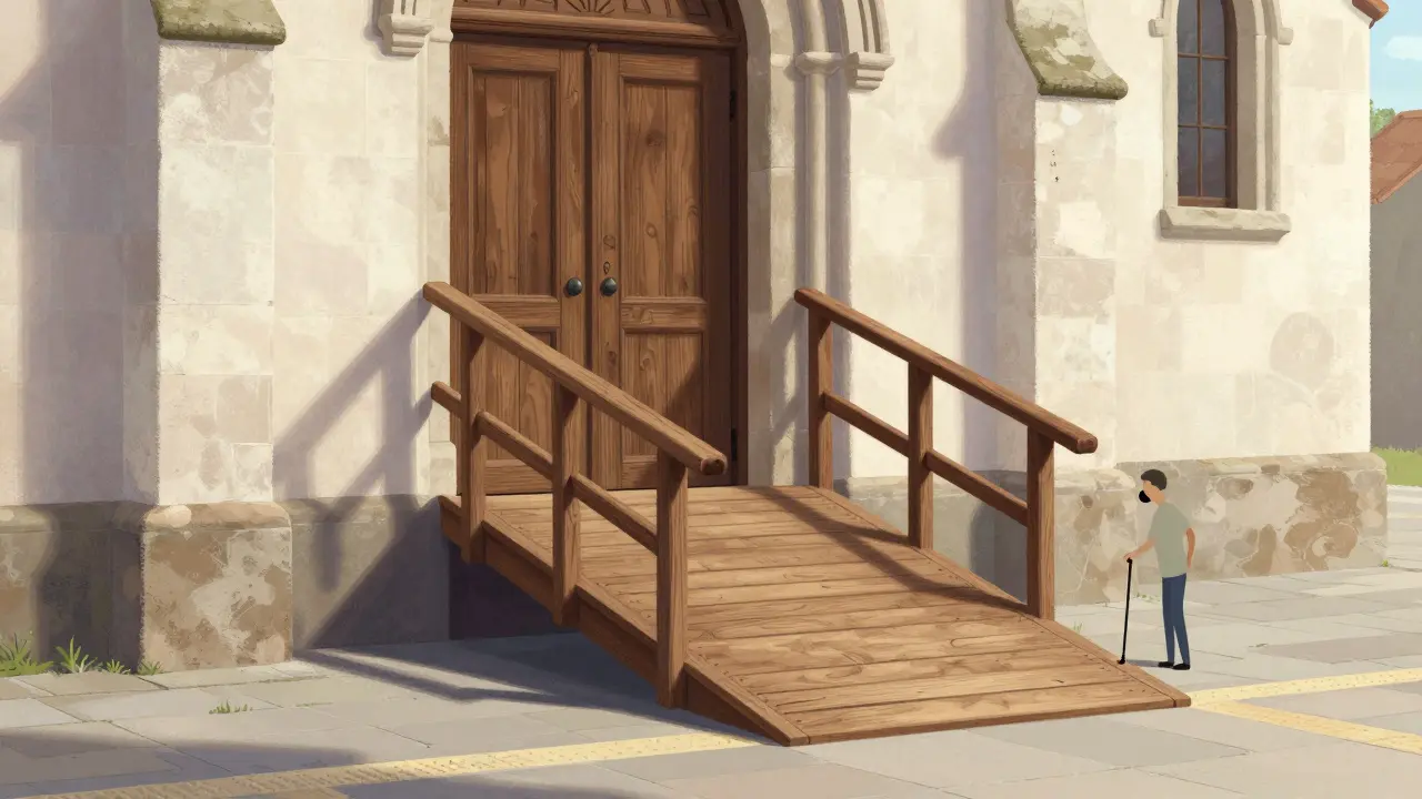 Holzrampe mit handgefertigtem Geländer führt sanft zum Eingang eines alten Kirchengebäudes.