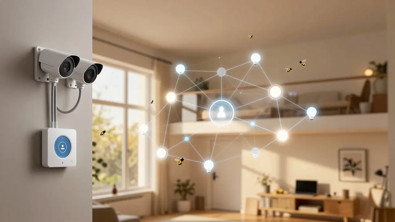 Hybrides Smart-Home-System mit verdrahteten Geräten und einem drahtlosen Thread-Mesh-Netzwerk in einem Haus.