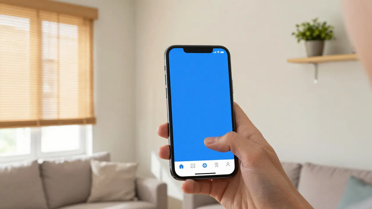 Jemand nutzt eine AR-App, um eine neue Wandfarbe virtuell im Wohnzimmer zu testen.