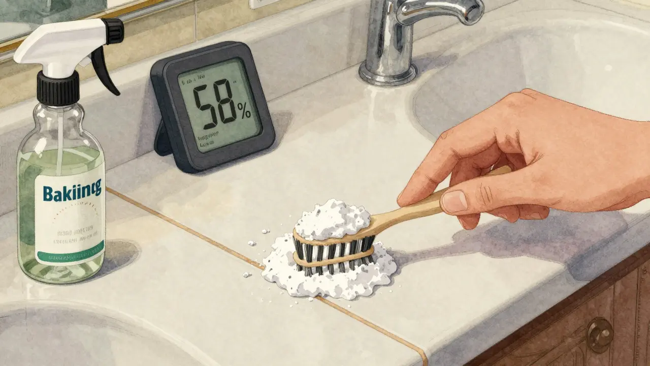 Jemand reinigt Fugen mit einer Backpulver-Paste und einer Zahnbürste in einem Badezimmer.