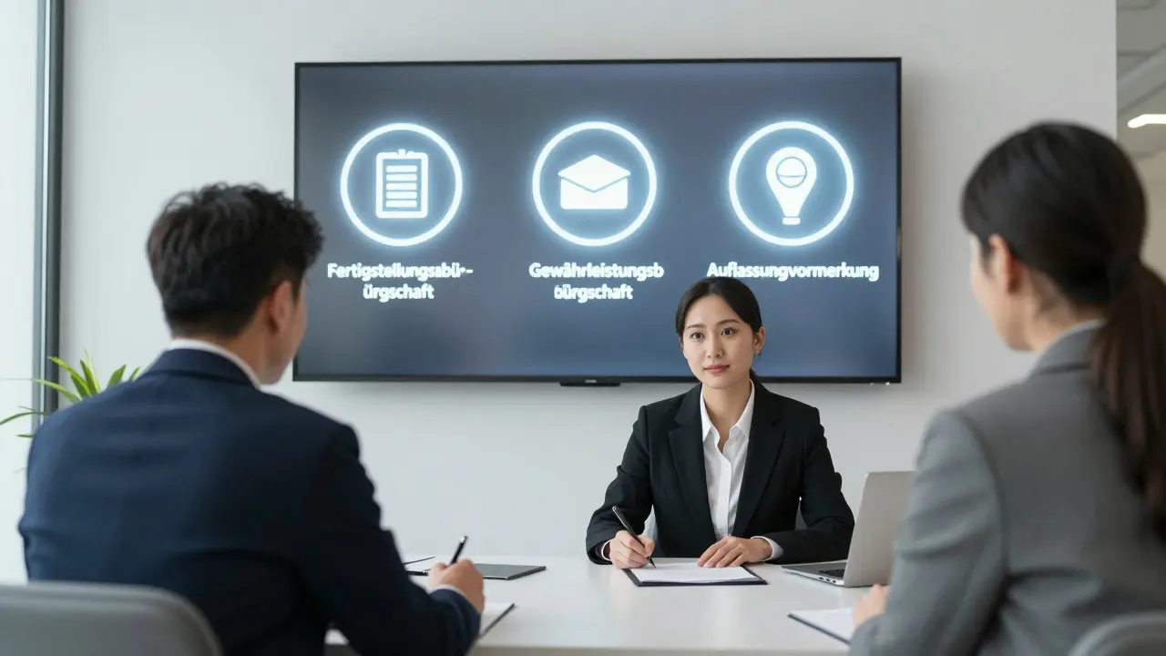 Kunde unterschreibt einen Bauträgervertrag im Notariat, während drei Sicherheiten als Lichtsymbole an der Wand leuchten.