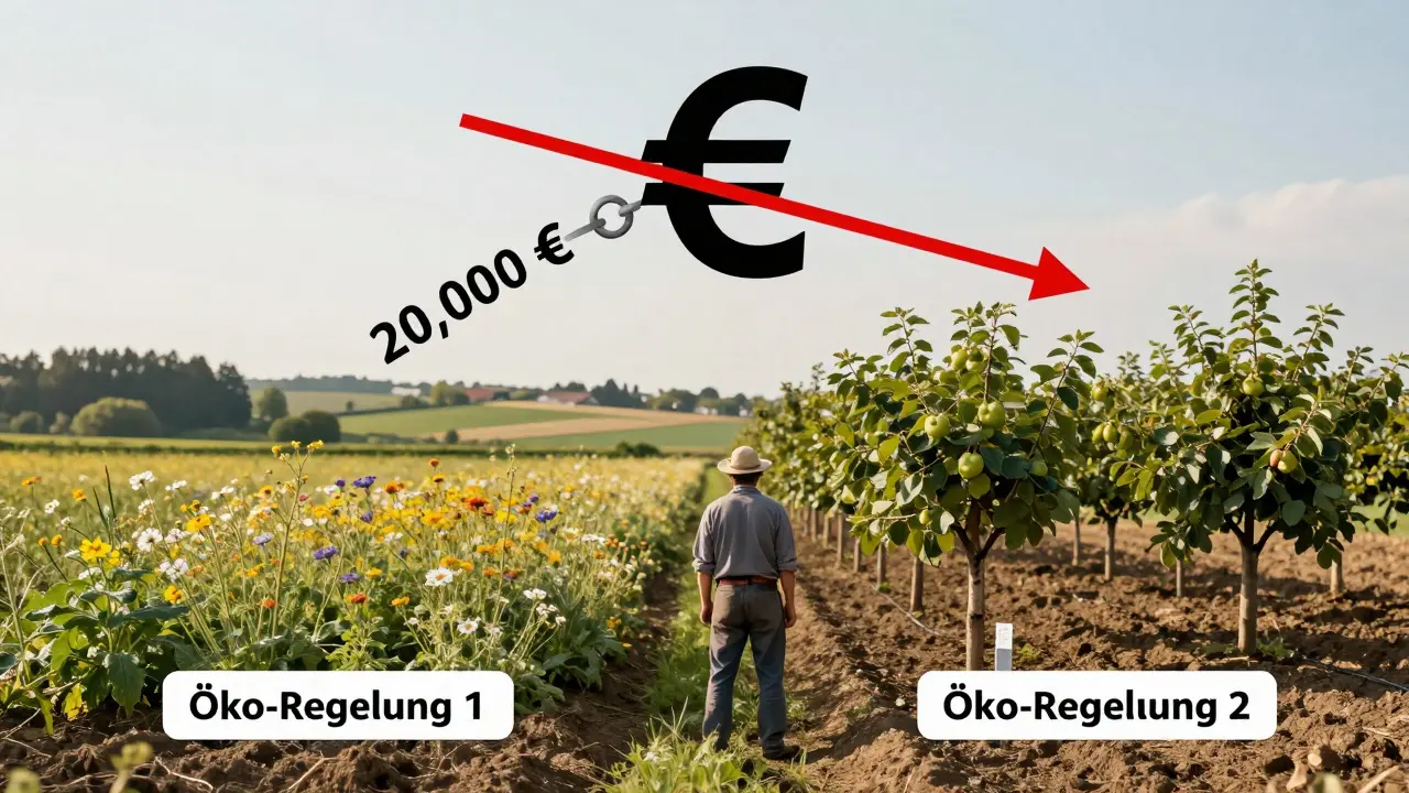Landwirt mit zwei geförderten Öko-Flächen und einem Grenzsymbol für 20.000 € Gesamtbeihilfe.
