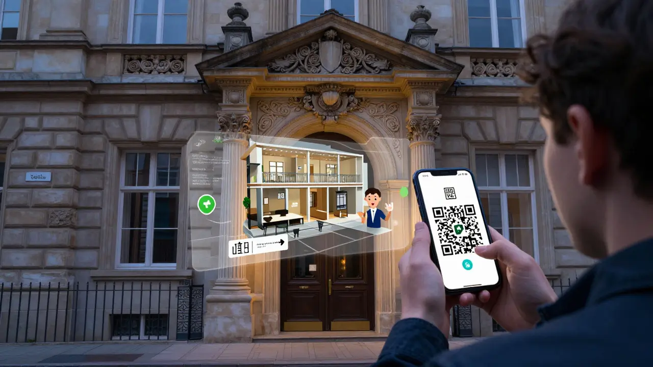 Mensch mit Sehbehinderung nutzt Smartphone, um AR-Inhalte zu einem historischen Gebäude abzurufen.