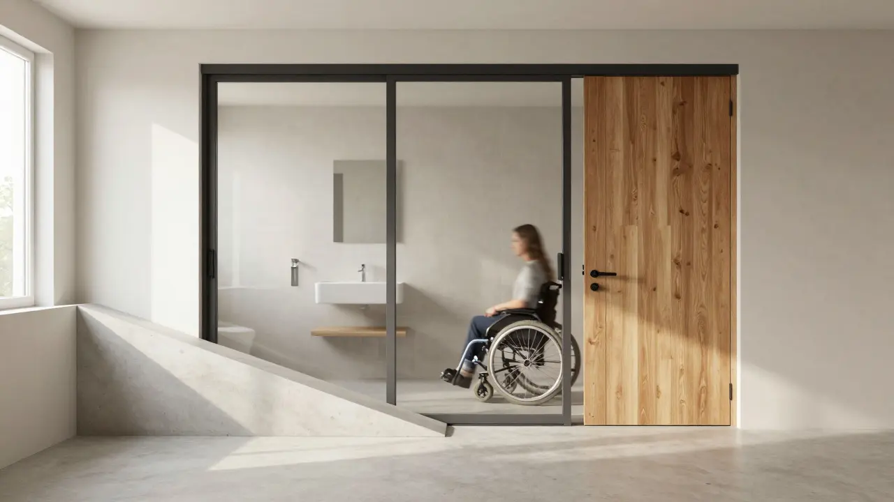 Modernere Schiebetür mit nullschwelligem Einstieg, durch die ein Rollstuhl leicht fährt.