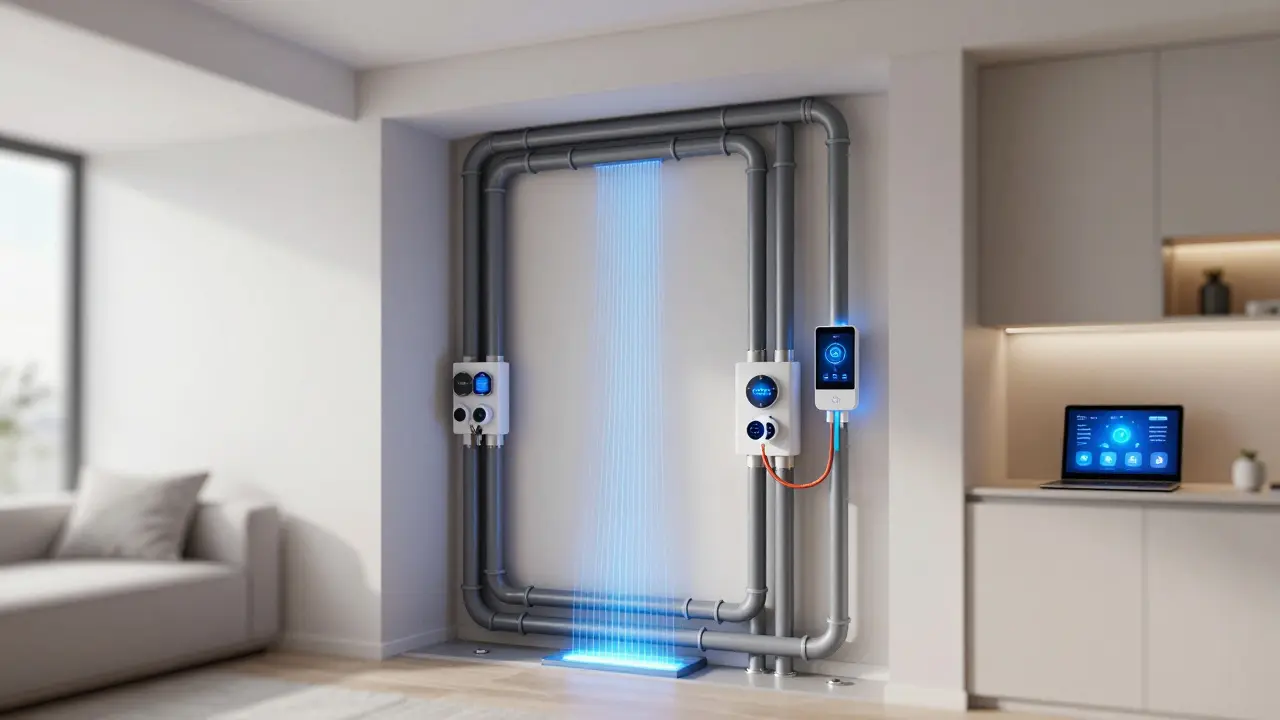 Modernisierte Rohrleitung mit integrierten Sensoren und digitaler Überwachung in einem Hauskeller.