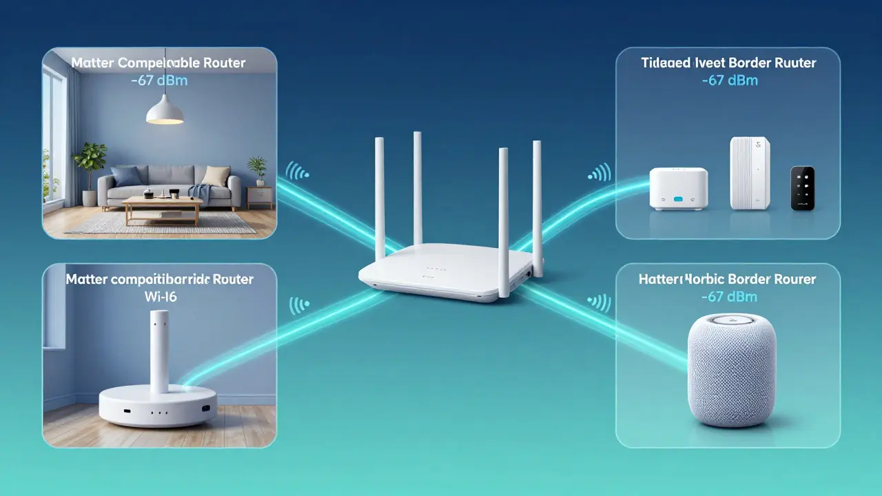 Netzwerkdiagramm einer Smart-Home-Installation mit Router, Mesh-Knoten und Border Router in einem Haus.