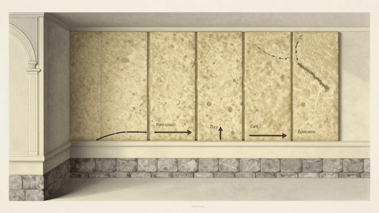 Querschnitt einer historischen Wand mit Aerogeldämmung und Dampfdiffusion, detaillierte technische Darstellung.