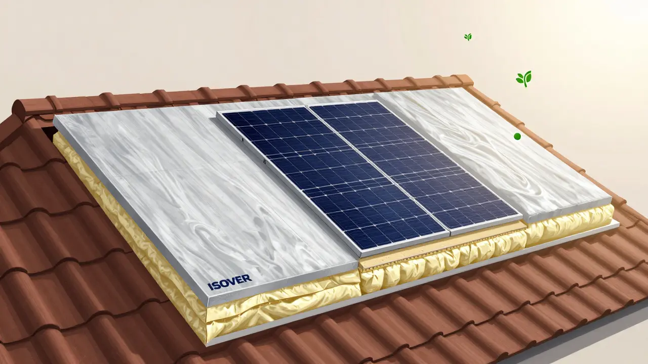 Querschnitt eines gedämmten Daches mit Dachboden- und Aufsparrendämmung sowie Solarpanel darüber.