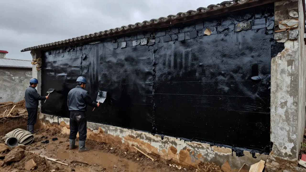Sanierung eines Kellers mit schwarzer Wanne: Arbeiter bringen Bitumenbahn an der Außenwand an, umgegrabener Erdwall.