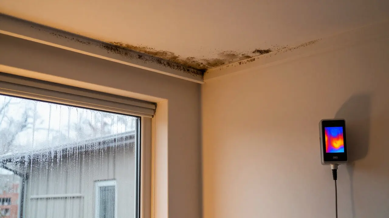 Schimmel an Deckenecke durch undichte Fensterlaibung und fehlende Lüftung