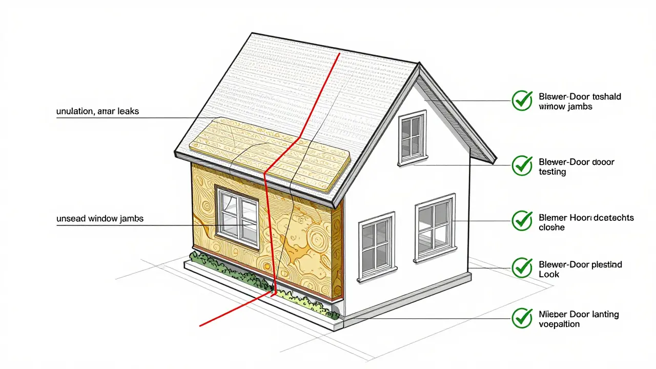 Technische Darstellung eines Hauses mit Wärmebrücken und Luftlecks