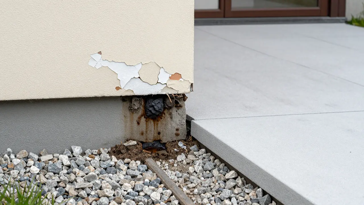 Vergleich: beschädigter Sockel mit Ausblühungen und feuchten Flecken vs. intakter Sockel.